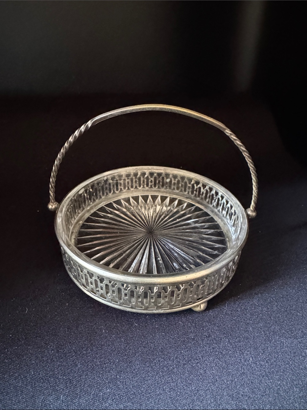 Silver-Tone Glass Serving Basket with Handle Nut Candy Tray